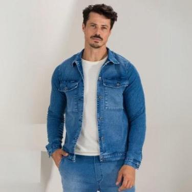 Imagem de Jaqueta Masculina Jeans Gola Tradicional Fecho Em Botões Manga Longa com Botão Bolso Fr...