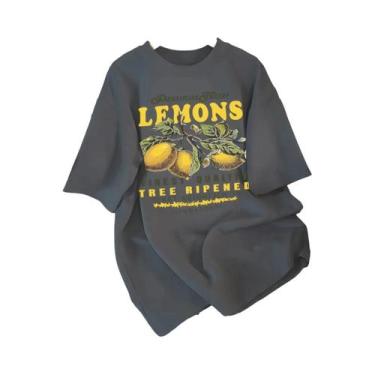 Imagem de Camiseta Feminina Solta De Algodão Com Estampa De Limão, Gola Redonda,
