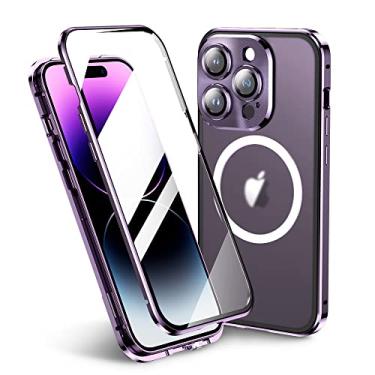 Imagem de Compatível com Magsafe Capa para iPhone 14 Pro, 360 Proteção Dupla Face Magnética Metal Bumper Crystal Clear Capa com Protetor de Tela de Vidro Temperado para 6,1 polegadas 14Pro (Roxo)