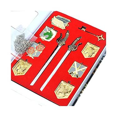 Imagem de 10 peças de parede Maria Rose Sina Gold Badge Dual Weapon Espada Lâmina Pingente Colar Chaveiro Eren Chaveiro Cosplay Conjunto de joias em uma caixa de coleção, Metal, Sem Pedra Preciosa