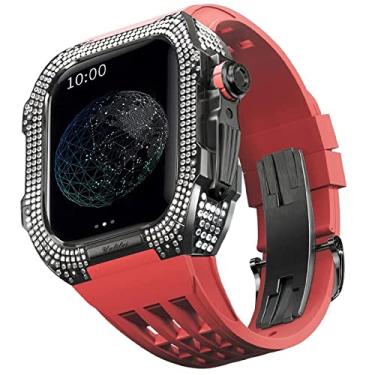 Imagem de TONECY Pulseira de borracha Moldura de titânio para Apple Watch 7/6/5/4/SE Apple Mod Watch Acessório Substituição Titânio Luxo Case Compatível com IWatch Series 44mm com Ferramenta