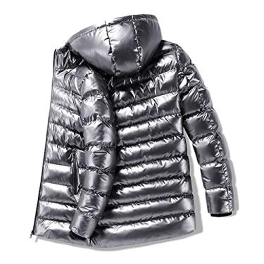 Imagem de Jaqueta masculina casual com capuz zíper completo brilhante puffer jaqueta acolchoada com capuz metálico à prova de vento parca de penas, prata, G