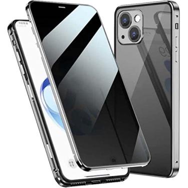 Imagem de GHFHSG Capa de telefone de pára-choques de metal de vidro temperado de dupla face, para capa Apple iPhone 14 6,1 polegadas 2022 capa magnética anti-peep (cor: branco)