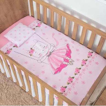 Imagem de Jogo de Lençol Berço Bebê 3 peças Personagem Infantil (Gatinha)