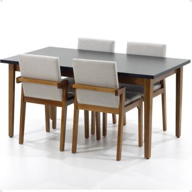 Imagem de Mesa de Jantar Retangular Luiza 160cm Preta com 4 Cadeiras Estofadas Isabela - Bege
