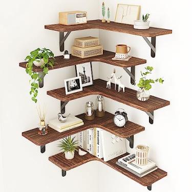 Imagem de Prateleiras flutuantes para parede Fixwal Prateleira de canto, de madeira rústica para banheiro, cozinha, quarto, decoração de casa, lavanderia, sala de estar, conjunto de 5 (preto-carbonizado escuro)