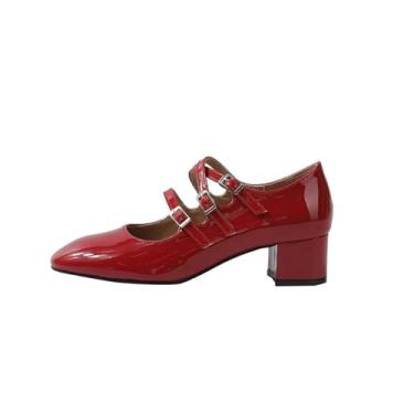 Imagem de Strap Mary Jane Sapatos femininos de salto alto vermelho sapatos de casamento para festa de banquete de casamento, Vermelho, 4,5 cm, 36