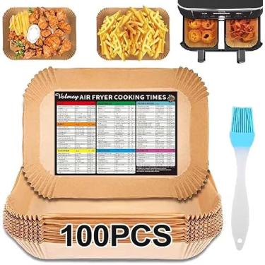 Imagem de Forros de fritadeira a ar, 100 peças descartáveis retangulares de papel manteiga para fritadeira de ar para todas as fritadeiras de cesta dupla 8QT-10QT, papel de cozimento de 21 cm x 14 cm, acessórios para fritadeira a ar para Ninja DZ201 DZ401 (escova de óleo )
