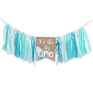 Imagem de Banner Big One Highchair para 1º aniversário - Banner de primeiro aniversário para bebês meninos, banner azul de cadeira de bebê, decorações de festa de aniversário na praia, decorações de festa na piscina para crianças de aniversário, acessórios de foto de quebra de bolo