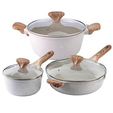 Imagem de Country Kitchen Nonstick Cookware Sets - 6 Piece Nonstick Cast Aluminum Pots and Pans with BAKELITE Handles - Non-Toxic Pots with Glass Lids - Speckled Cream with Light Wood Handles