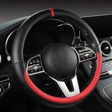 Imagem de YOUDAXIN Capa de volante cor Morandi, couro napa, estilo esportivo moderno, universal 38 cm, preto e vermelho