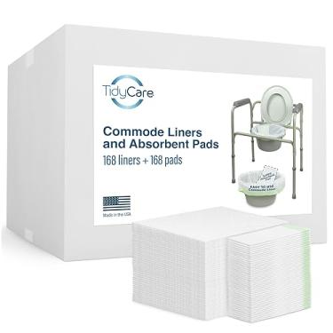 Imagem de Forros de cómoda de cabeceira TidyCare e almofadas absorventes para balde e comadre de cadeira de banheiro portátil | Pacote de 168 sacos de lixo descartáveis ​​e 168 absorventes | Ajuste Universal