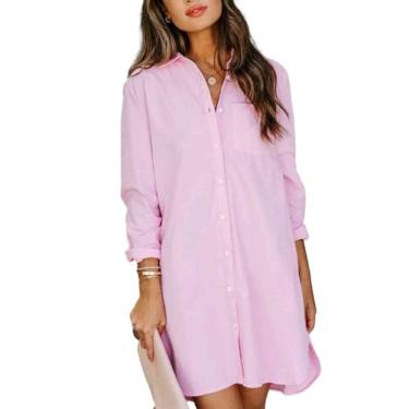 Imagem de YKR Vestido feminino com botões, túnica de algodão, manga comprida, estilo boyfriend, camisas com bolsos, rosa, M