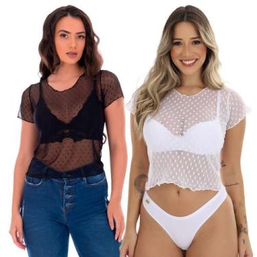 Imagem de Kit 2 Blusa Tshirt Tule Transparente Fristyle Manga Curta, GG, Preto