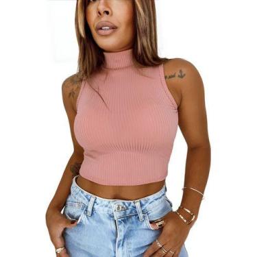 Imagem de Cropped Feminina Regata Gola Alta Malha Canelada - ECSOPHIE, Bege, Úni