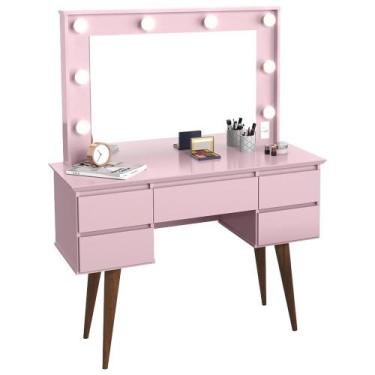 Imagem de Penteadeira Com Espelho 5 Gavetas Pés Palito Camarim Strass Rosa - Pat