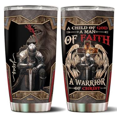 Imagem de WONWIX A Child of God Man of Faith Warrior of Chirst Jesus Tumbler 590 ml Copos de aço inoxidável com tampa, caneca de viagem, xícara de café, presentes cristãos para homens, pai, marido, avô, Natal,