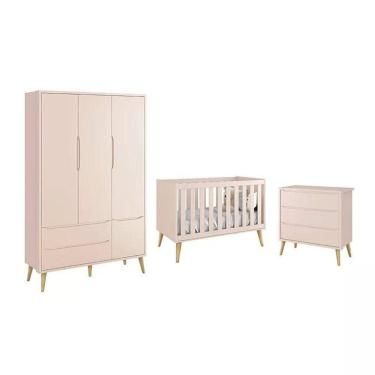 Imagem de Dormitório Theo 3 Portas E Cômoda 3 Gavetas Rosa Com Pés Madeira Natural - Reller Móveis Rosa