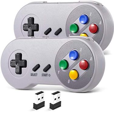 Imagem de SAFFUN Pacote com 2 controles USB sem fio de 2,4 GHz compatíveis com jogos Super Famicom, controle clássico iNNEXT SNES Retro USB PC para Windows PC Mac Linux Genesis Raspberry Pi Retropie (teclas
