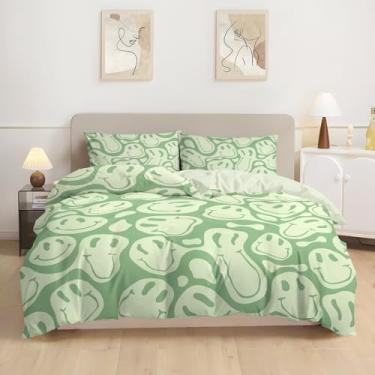 Imagem de Watbro Capa de edredom infantil, tamanho Queen, conjunto de cama hippie retrô, conjunto de cama de microfibra macia com fecho de zíper e laços de canto, roupa de cama feminina com fronha - verde,