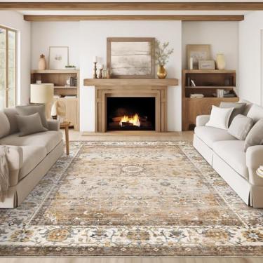 Imagem de befbee Tapete de área 9x12, tapetes laváveis ultrafinos para sala de estar, antiderrapante leve dobrável vintage boho persa grande tapete (Apricote/azul, 2,5 x 30,5 cm)