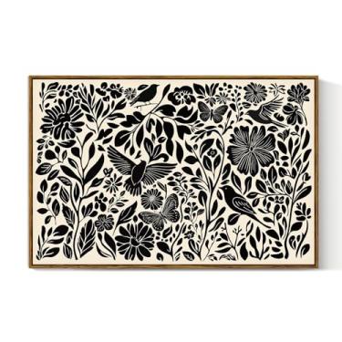 Imagem de VIYYIEA Arte de parede em tela emoldurada, arte de parede grande preto e branco para sala de estar, pinturas impressas, decoração de escritório em casa boho, decoração de parede de quarto - 【Flores e