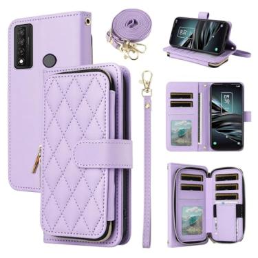 Imagem de Furiet Argyle Capa carteira para TCL 20XE 5087Z com alça de pulso, 9+ compartimentos para cartões, bolsa com zíper, luxuosa, couro PU, capa para celular TLC 20 XE TCL20XECase EX mulheres meninas roxo