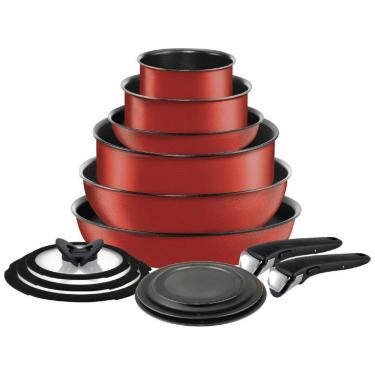 Imagem de Jogo de Panelas, Potes e Frigideiras Antiaderentes, 14 Peças com Cabo Removível e Material Alumínio, T-Fal, Vermelho Cereja