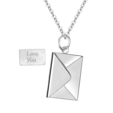 Imagem de Aroncent Colar envelope de carta de amor: pingente de medalhão de aço inoxidável com mensagem Love You para mulheres - Presente romântico de joias sentimentais para ela, Aço inoxidável, Sem Pedra