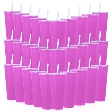 Imagem de Ahongwenxi Pacote com 30 copos de plástico rosa com tampas e canudos, copos de plástico descartáveis de 680 g, copos de café gelado, caneca de viagem para sucos, aniversário, despedida de solteira