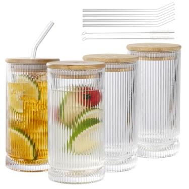 Imagem de WeirdUncle Conjunto de vidro vintage canelado com tampas e canudos de bambu, copos de 473 ml, conjunto de 4 estilo origami, design canelado, ideal para água, café gelado, suco, cerveja, leite,