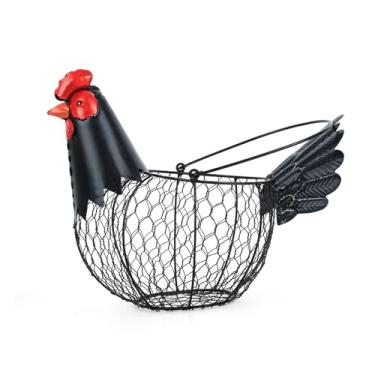 Imagem de Cesta de ovos de galinha, cestas de coleta de ovos, cesta de ovos de arame de metal com alça, decoração de frango de fazenda, suporte de bancada rústico em forma de galo preto para decoração de