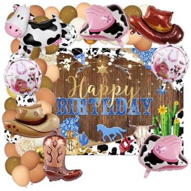 Imagem de 69 peças de artigos de festa de aniversário de cowboy ocidental, inclui balões de vaca de látex, pano de fundo, balões de alumínio para decorações de aniversário de caubói