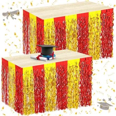 Imagem de Oudain Decorações de festa de formatura, pacote com 2 saias de mesa Gongrats Grad onduladas metálicas com franjas para mesa retangular e redonda, decoração de artigos de festa de 2025 (vermelho