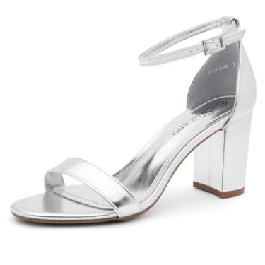 Imagem de Shoe Land Sandálias Femininas De Salto Baixo - Grosso 7,5 Cm Com Tira No Tornozelo, Bico Aberto, Curto, Confortável E Elegante, Tiras Para Casamento, Baile Formatura, Escritório, Prata, Tamanho 8, M