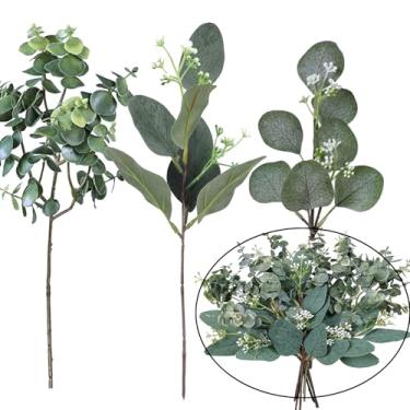 Imagem de Acronde 12 peças de folhas artificiais mistas de eucalipto caules em spray de vegetação sintética com sementes brancas para decoração de arranjos florais de guirlanda de buquê de casamento (12, verde)