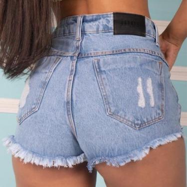 Imagem de Short Jeans Glamour Desfiado Cintura Alta Tamanho 44 - Wild