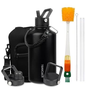 Imagem de YONICOER Garrafa de água isolada de 2,5 g, aço inoxidável a vácuo de parede tripla (pode ser lavada na lava-louças), à prova de vazamento e não BPA, jarro com alça de paracord e tampas de bico de