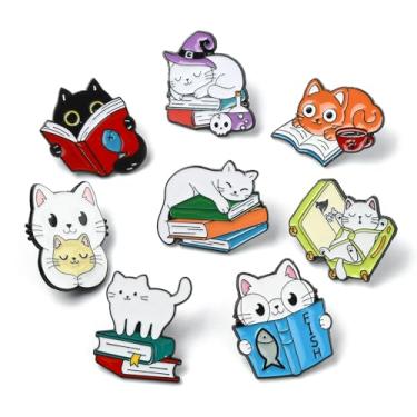 Imagem de UR URLIFEHALL 8 peças, 8 estilos, broches de gato, esmaltado, gatinho com alfinetes de lapela de livro, emblemas para roupas, chapéus, jaqueta, jeans, mochilas decorativas artesanais