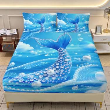 Imagem de AILONEN Jogo de lençol solteiro solteiro com estampa de sereia azul e cauda de sereia do oceano azul com 2 fronhas - Jogo de lençol infantil kawaii macio com bolso profundo