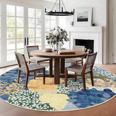 Imagem de DEXDE Tapete redondo grande, 2,7 m, lavável, círculo, antiderrapante, boho, floral, circular para quarto, banheiro, entrada, quarto de crianças, escritório, sala de jantar, azul