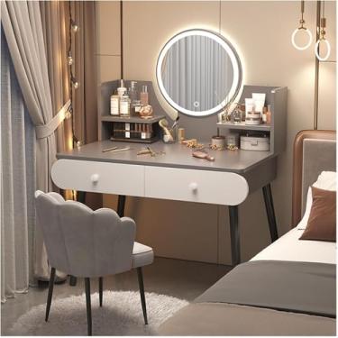 Imagem de Conjunto De Vaidade Com Espelho Iluminado Mesa De Maquiagem Com Prateleira De Armazenamento E Gavetas Mesa De Vaidade Com Cadeira Confortável 3 Modos De Iluminação De Cores B, Grey, 80cm