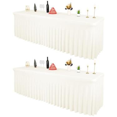 Imagem de 2 pacotes de roupas de mesa de elastano marfim para mesas retangulares de 2,5 m, capa de mesa resistente a rugas, saias de mesa elásticas laváveis para casamentos, festas, banquetes, festas de