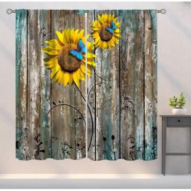 Imagem de YSWOW Cortinas blackout de girassol rústica fazenda textura de madeira floral arte impressa cortinas para quarto sala de estar cozinha decoração tecido 2 painéis 106 x 113 centímetros 30% taxa de