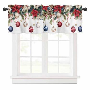 Imagem de Cortina com bolas de Natal para janelas de cozinha, poinsétia folha de abeto baga pinhas camada cortina de natal tratamento de janela sanefas de bolso de varão para quarto/sala de estar/banheiro, 106