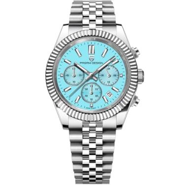 Imagem de Pagani Design Relógio masculino cronógrafo de quartzo, pulseira de aço inoxidável, impermeável, mostrador redondo com mostrador de data, Azul-celeste, Negócios