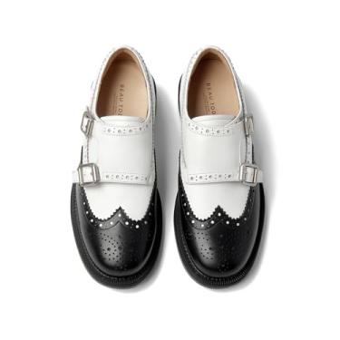 Imagem de BEAU TODAY Mocassins Femininos Monk Strap, Sapatos De Couro Brogue Wingtips, Vestido Confortável Sem Cadarço Com Fivelas Duplas, Casual Para Negócios, Feminino, Branco, Preto, Eua 6