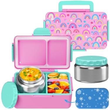Imagem de Lancheira infantil Bento – Garrafa térmica de sopa de aço inoxidável de 340 g e recipiente de alimentos à prova de vazamento de 3 compartimentos com bolsa de gelo embutida, jarra de comida isolada