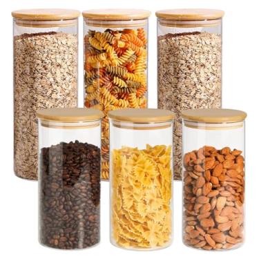 Imagem de Kit Conjunto 6 Potes de Vidro Hermético Redondo c/ Tampa de Bambu Vedação Silicone Armazenamento Mantimentos