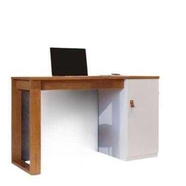 Imagem de Mesa Escrivaninha Para Escritório E Quarto De Estudo Com Gavetas E Prateleiras Multiuso (Canela Branco)